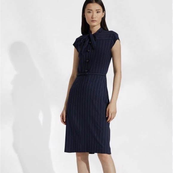 Ralph Lauren Collection Pinstripe Midi Day Dress Tie Neck Button Collar Navy 12 - Picture 1 of 12